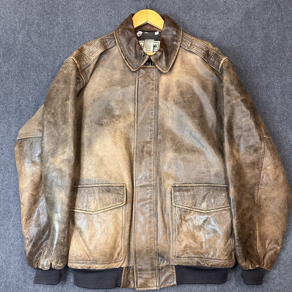 Vintage LL Bean Leather Jacket Men’s XL Tall Brown A2 Bomber Pilot Goatskin Zip